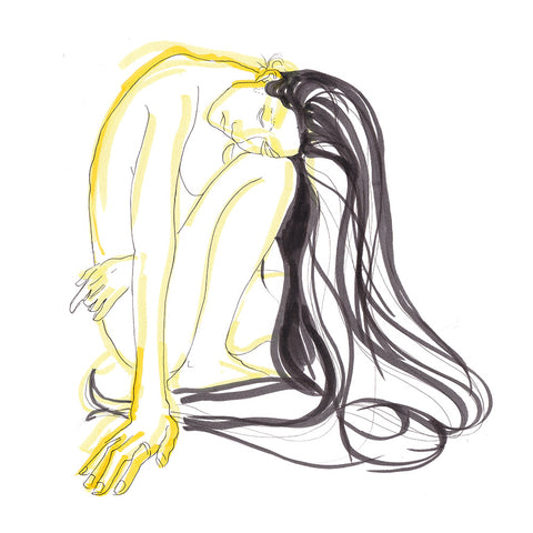 Drawing of crouching woman with long, flowing hair.