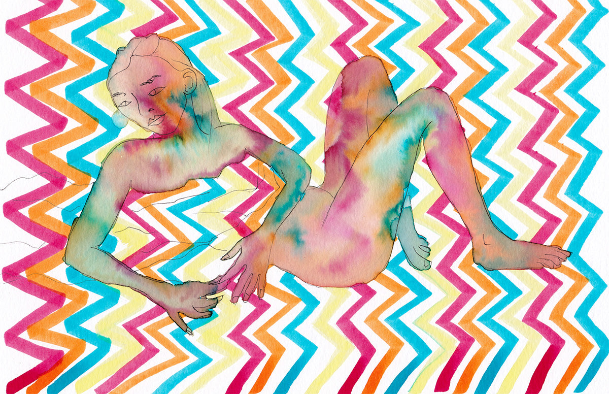 Female figure on multicolour stripe zig zag background