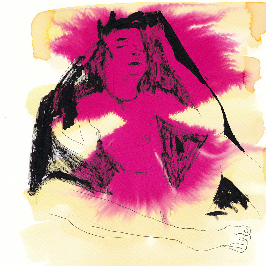 Line drawing of woman on pink and yellow with black paint.