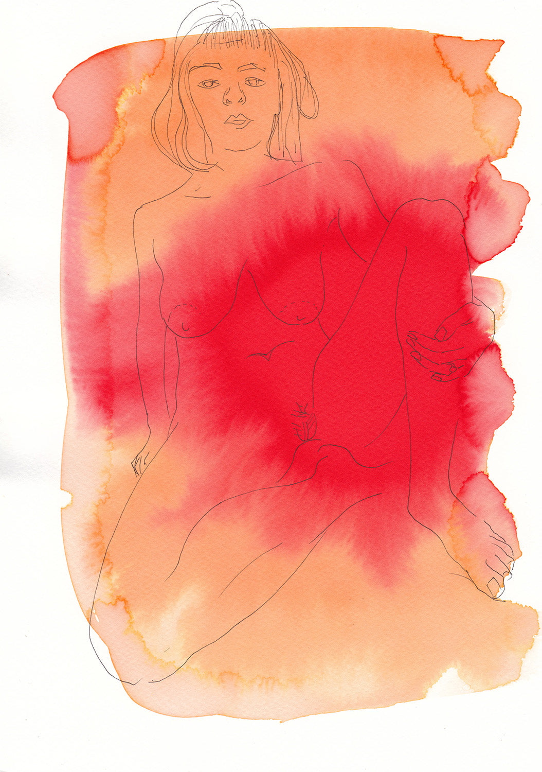 Line drawing of a woman on orange and red ink background.