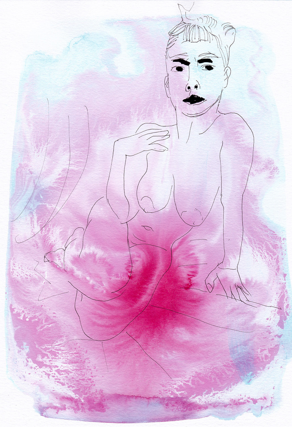 Line drawing of woman on pink swirls.