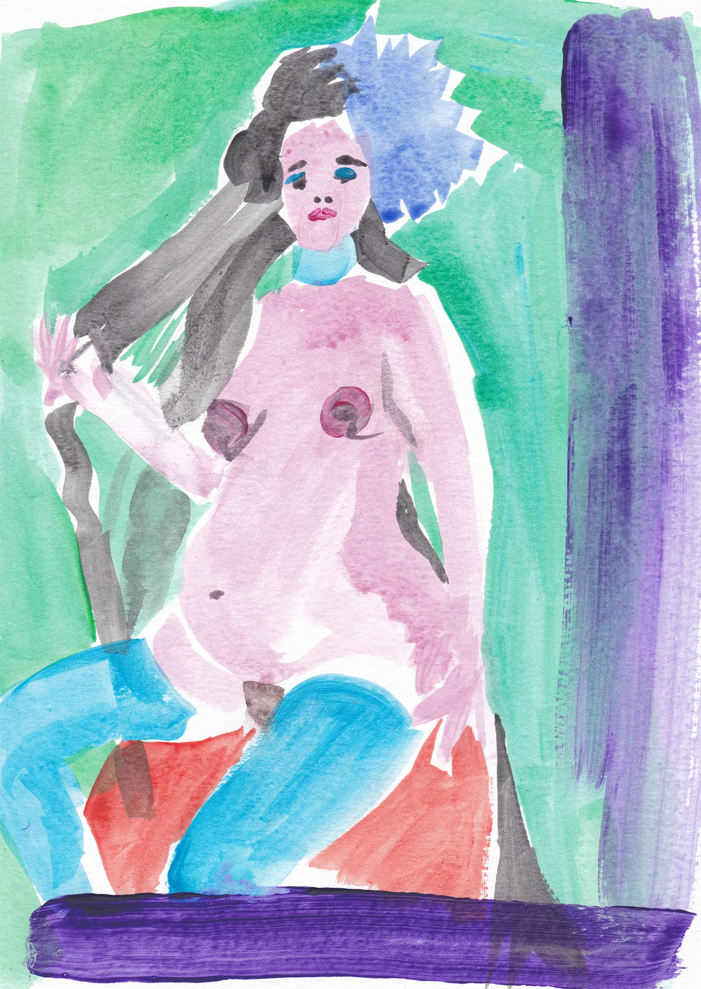 Painting sketch of a pregnant woman wearing blue stockings