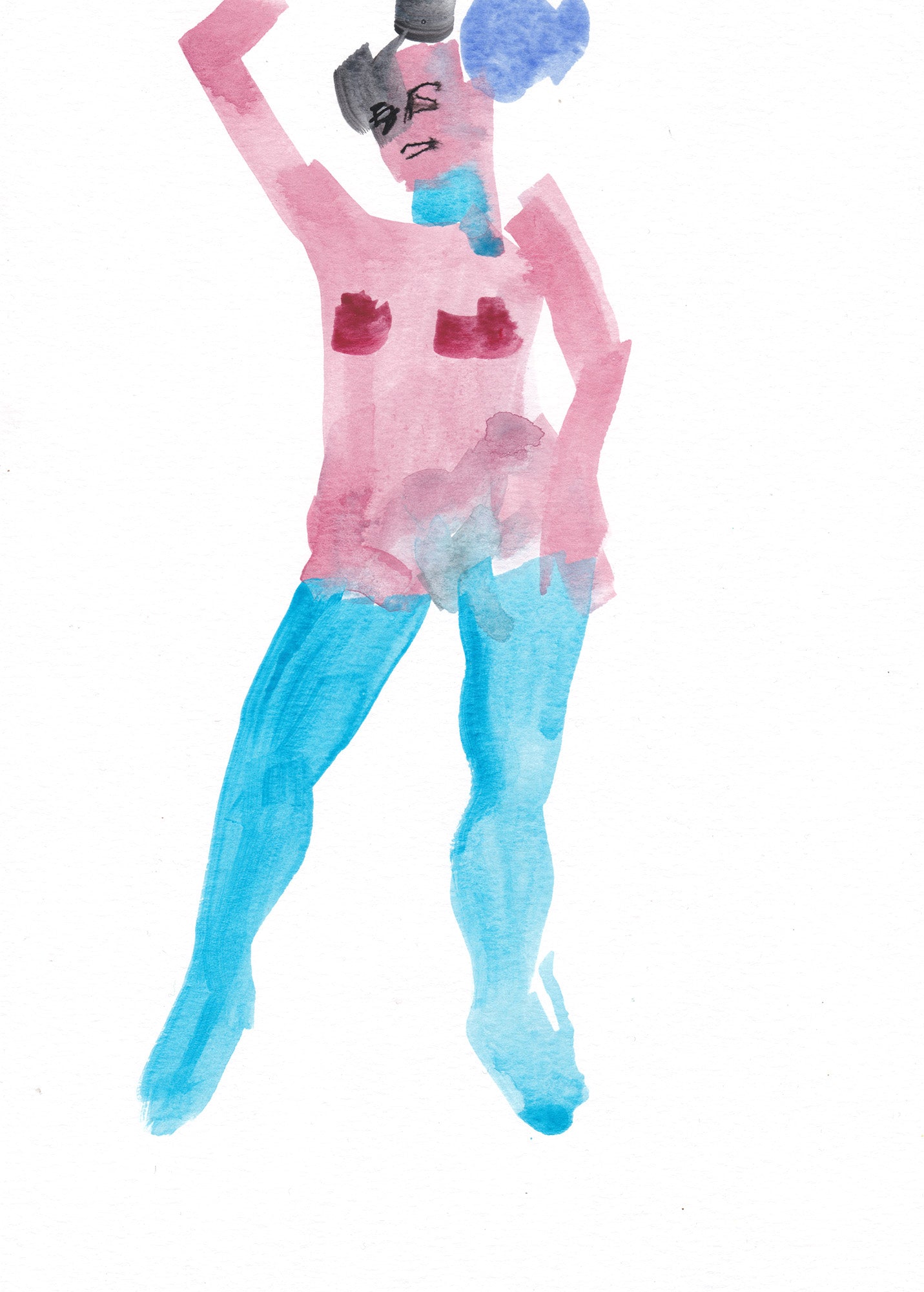 Painting sketch of standing pregnant woman with arm up. Blue stockings.