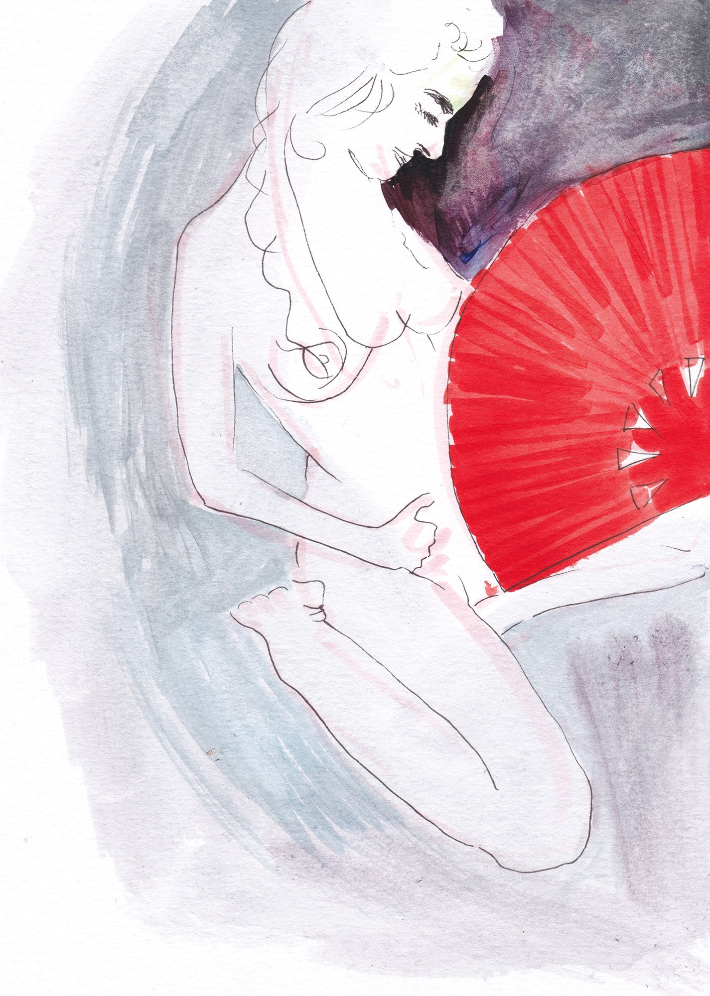 Drawing painting of Ludmilla with red fan at the side