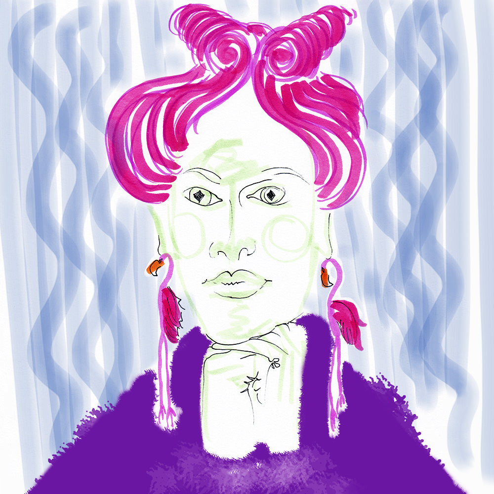 Flamingo hair woman with blue wavy lines