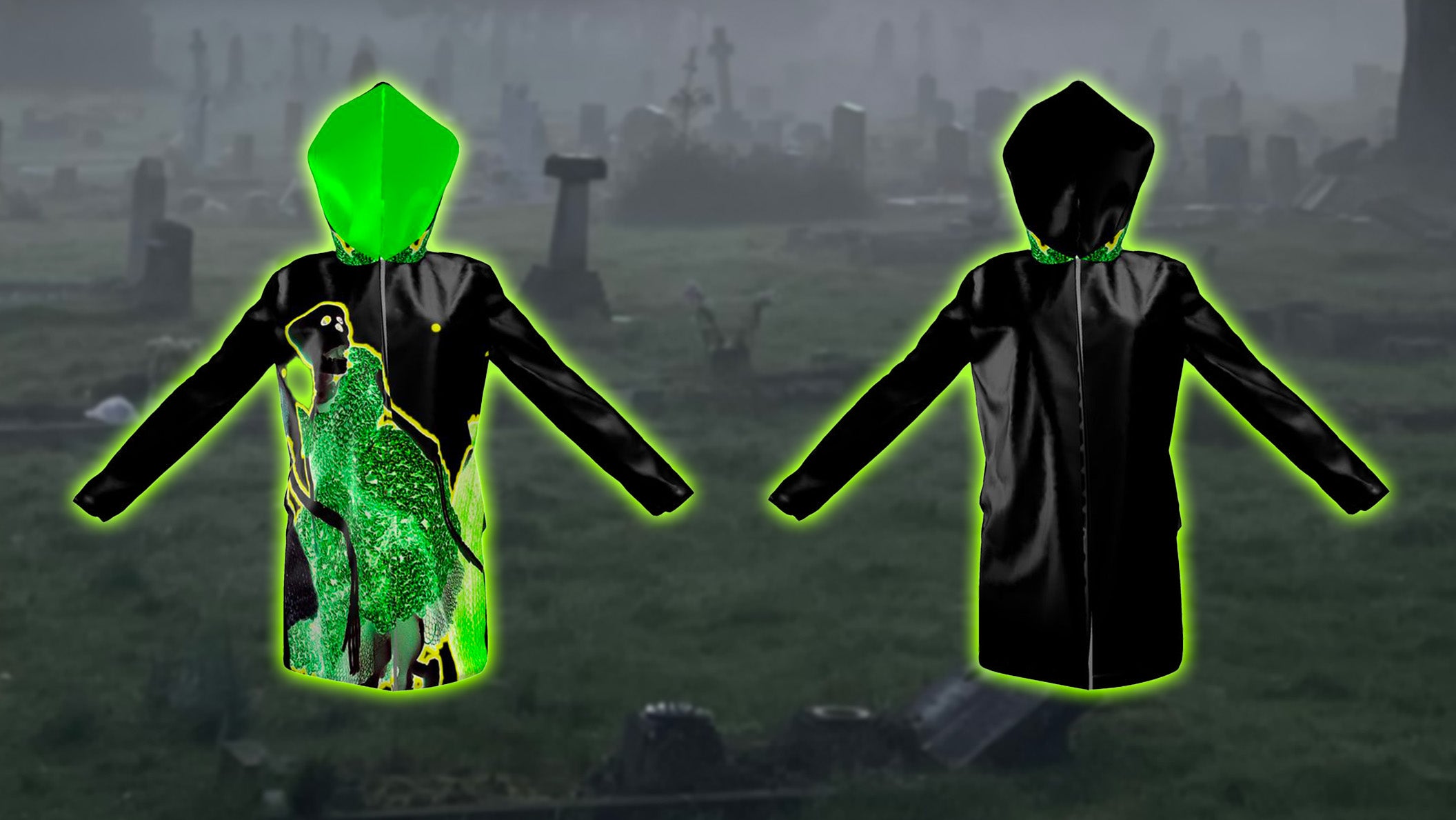 Two spooky raincoats floating over a graveyard