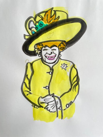 Queen Elizabeth II yellow hat close up