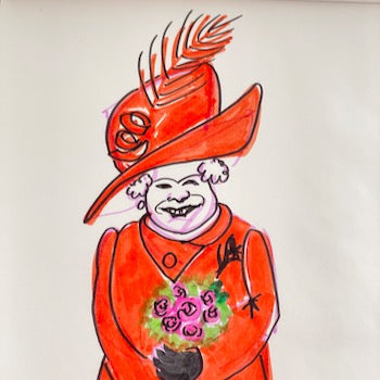 Queen Elizabeth II red hat close up