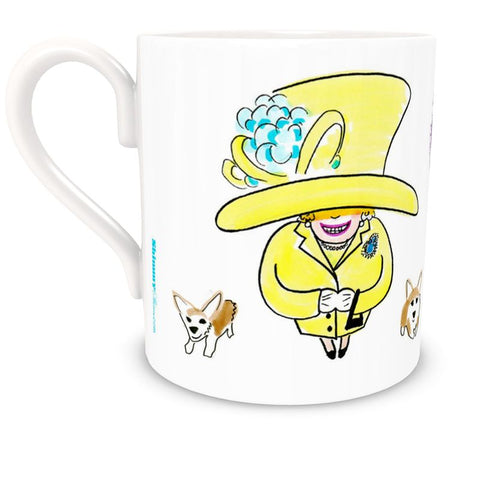 Bone china mug showing the cartoon Queen in yellow with Corgi dog pets.