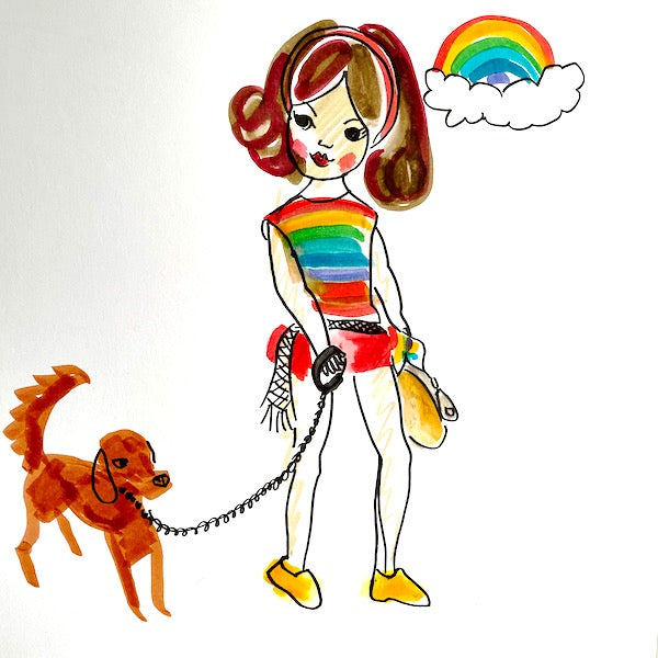Drawing of Sindy in full colour wearing rainbow top