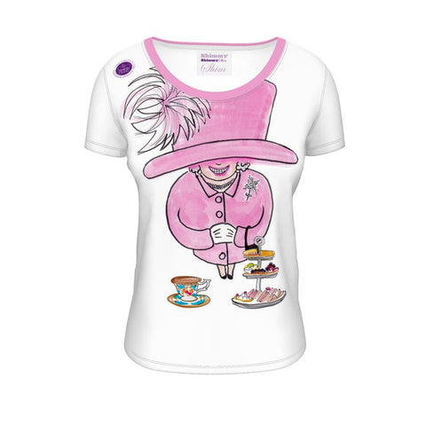 White T-shirt with pink trim at neck and large cartoon of the Queen in pink. With cream tea in the foreground