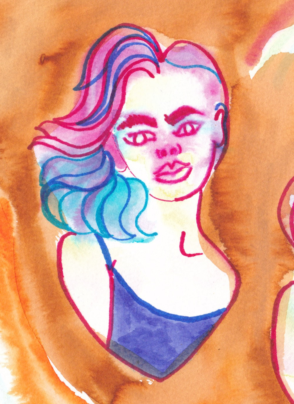 Close up of drawing of girl with pink and blue hair.