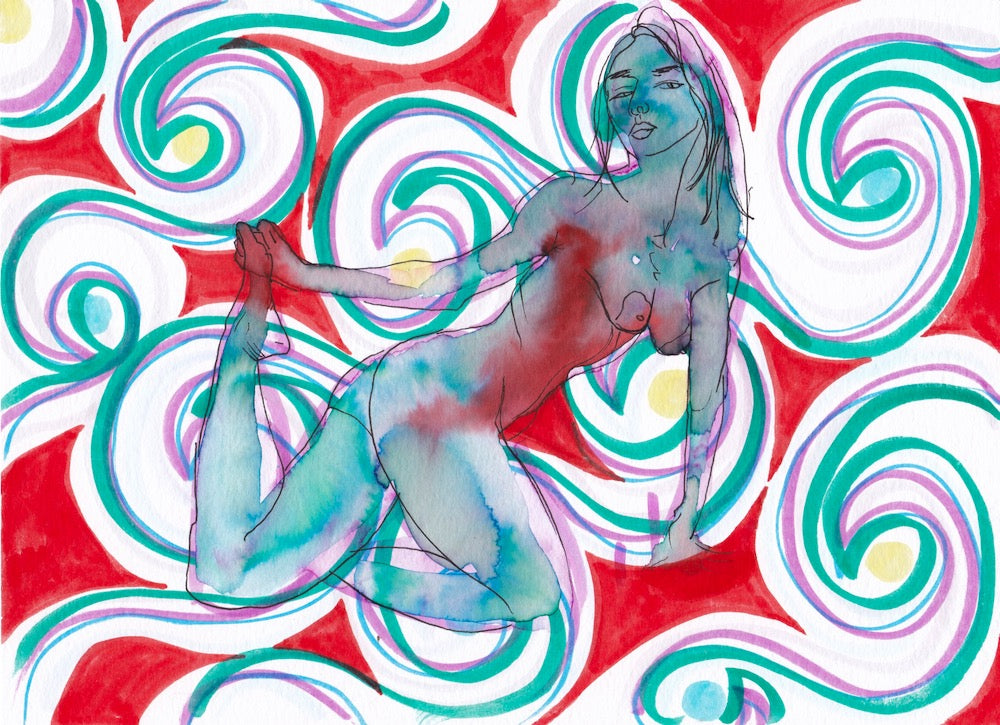 Figure drawing with green swirls and red patches