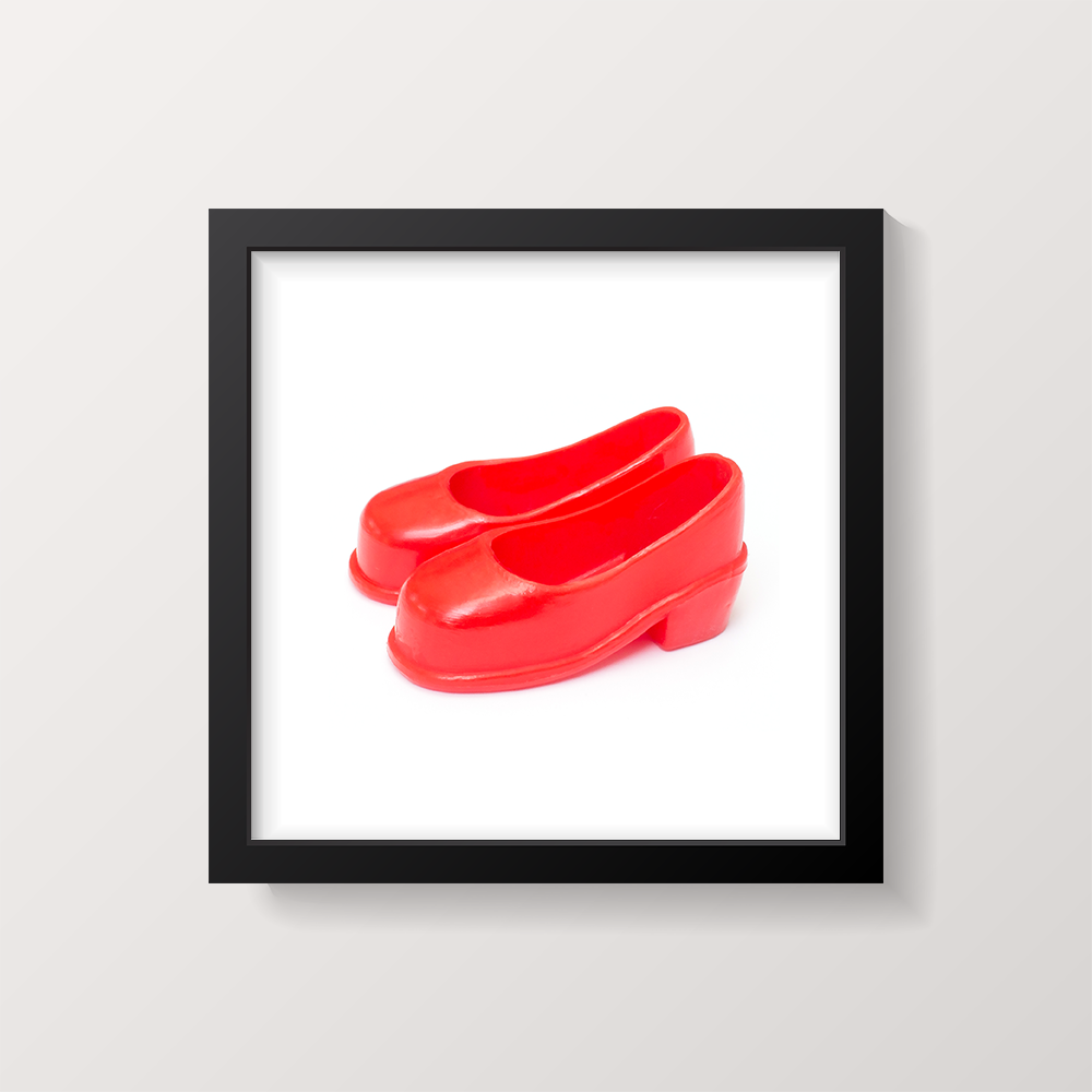 Framed square picture of Sindy red court shoes