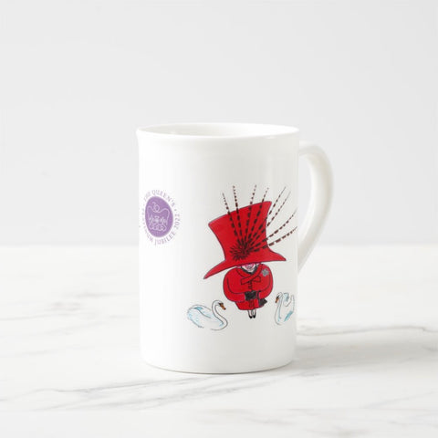 Bone china mug showing the cartoon Queen in red with white swans.