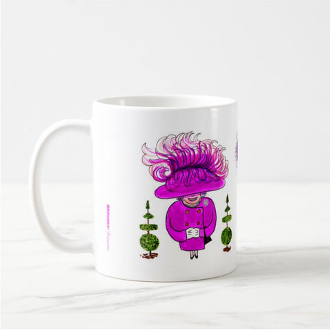 Chunky mug with large handle showing the cartoon Queen in magenta pink with symmetrical topiary.