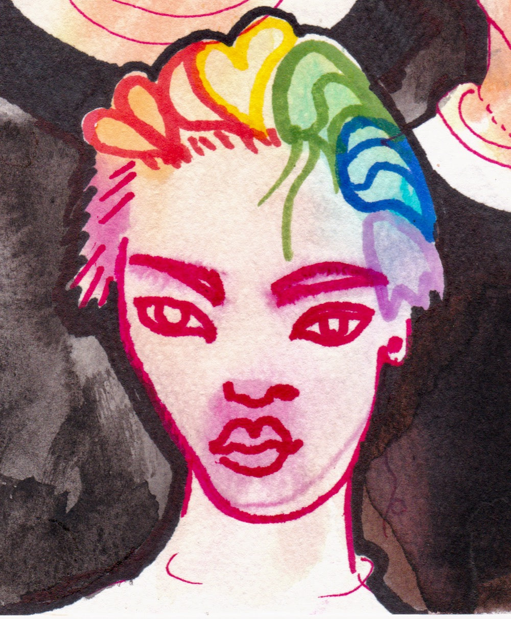 Close up of rainbow hair boy drawing.
