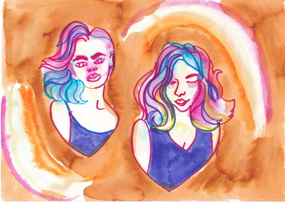 Felt tip drawing of rainbow hair girls.