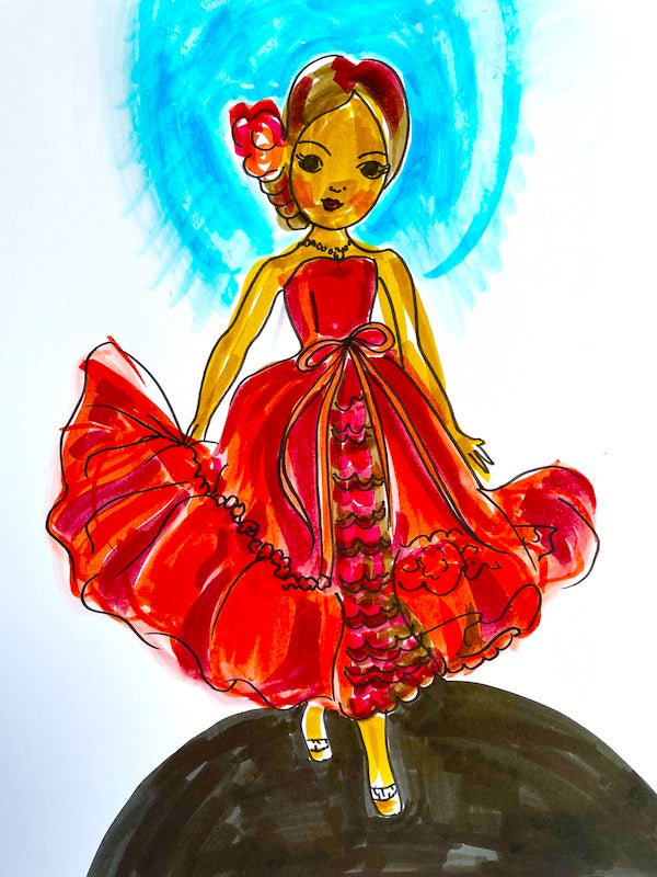 Drawing of Sindy doll in a red party dress