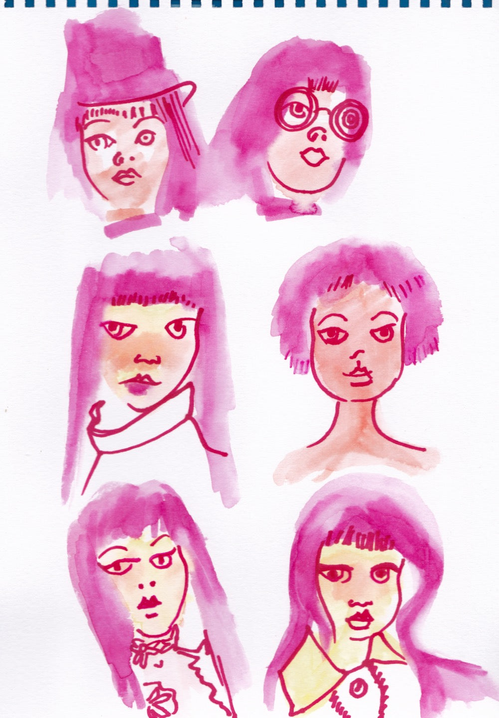 Six pink sketches of vintage Action Girl doll