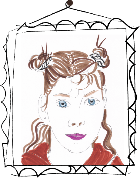 Teen girl drawing with top knots hair.