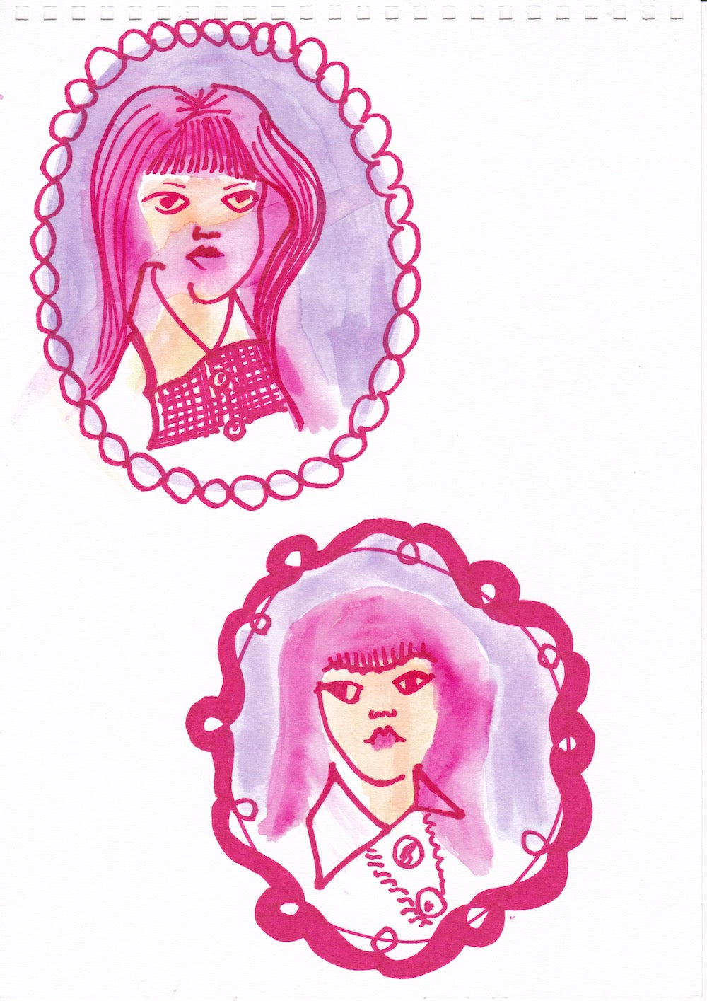 Pair of pink portraits in a cartoon style.