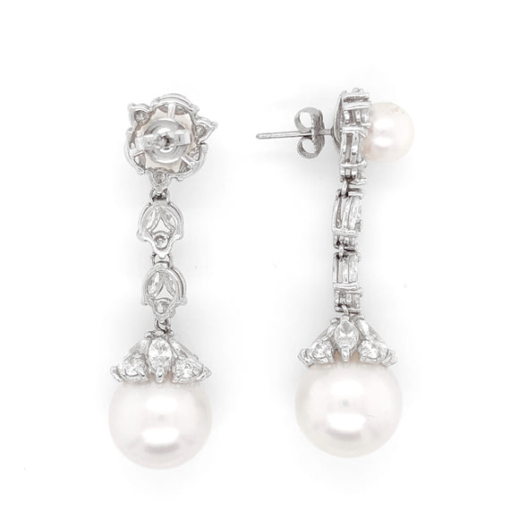 Pearl round marquise diamonds 5.09 carat dangling platinum earrings ...
