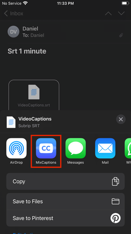 MixCaptions example menu to import srt files from email