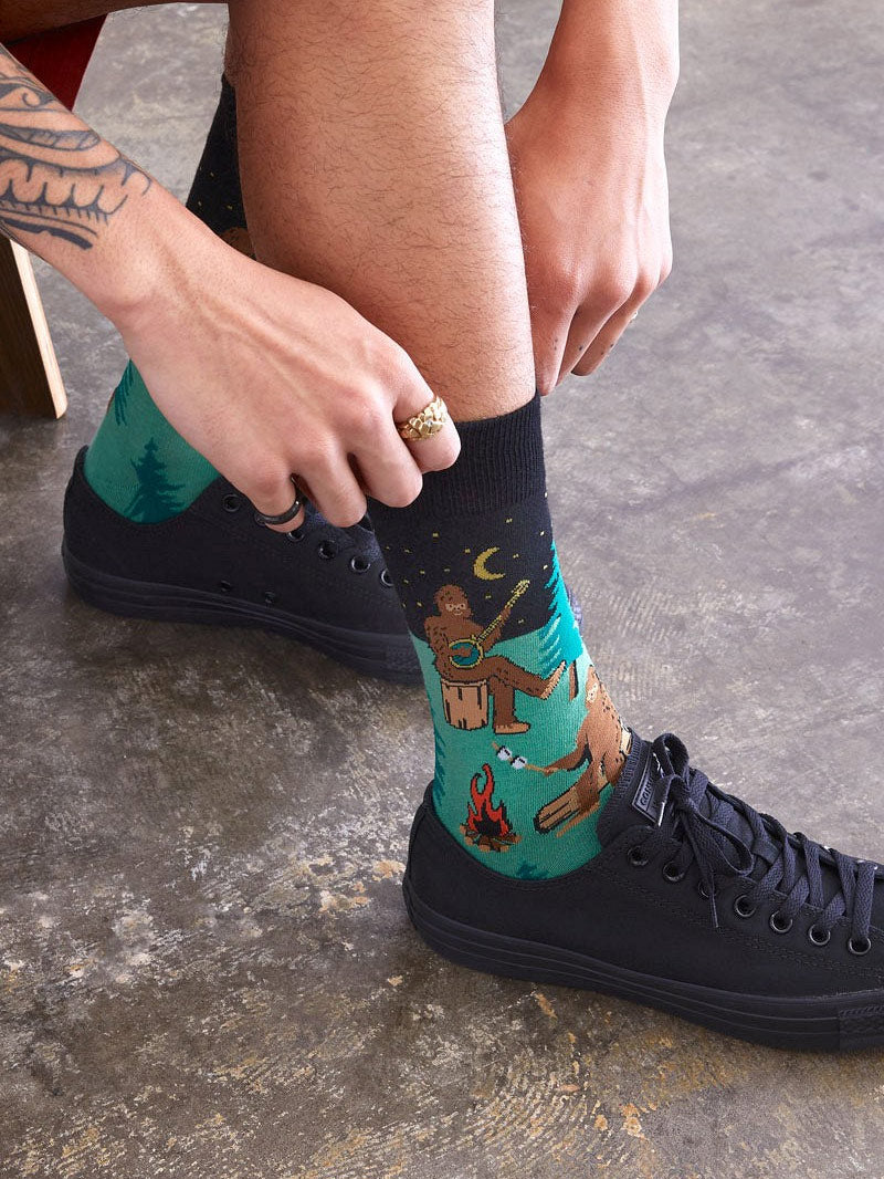 Funny Sasquatch socks for men with camping Bigfoot