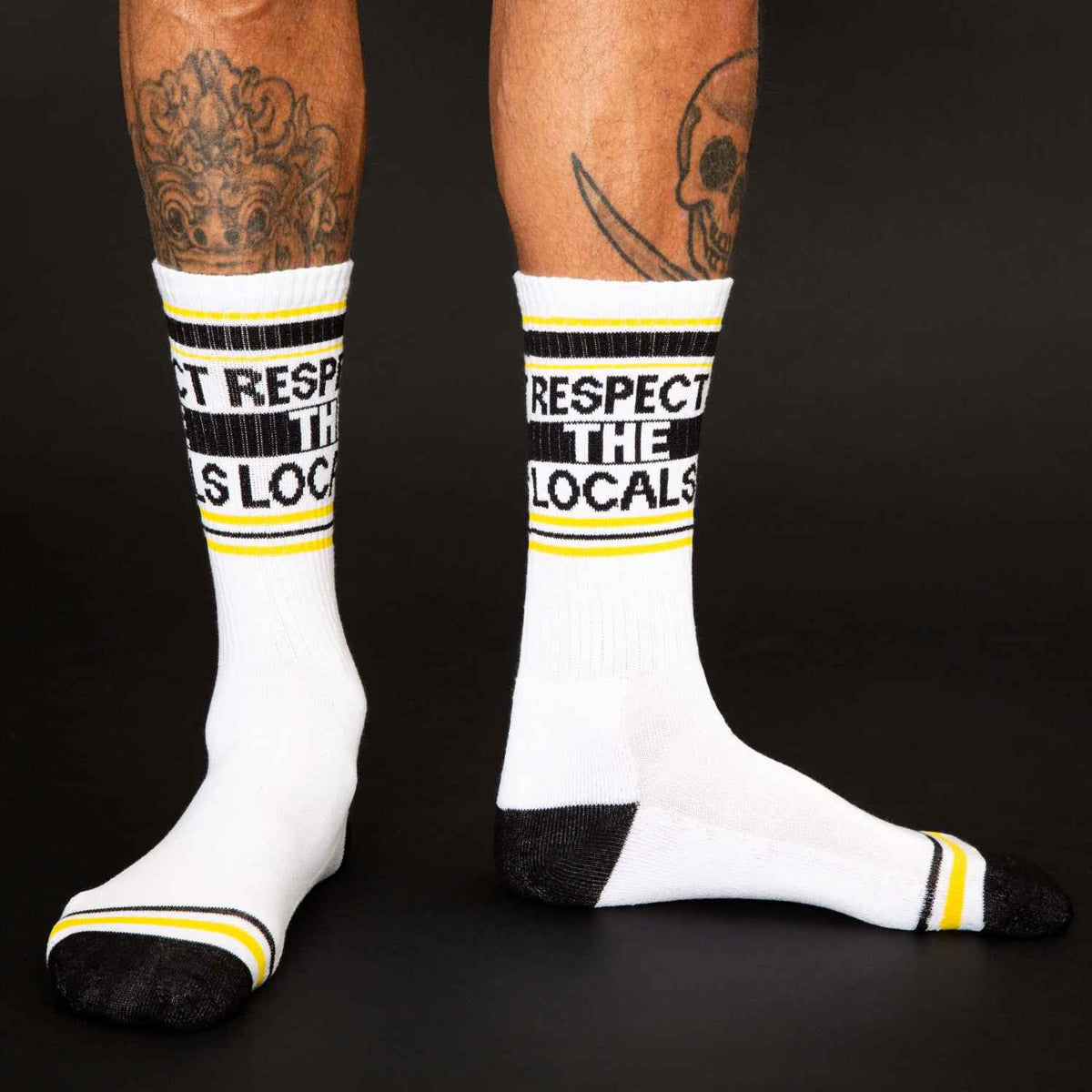 Funny gym socks that say, "Respect the Locals"
