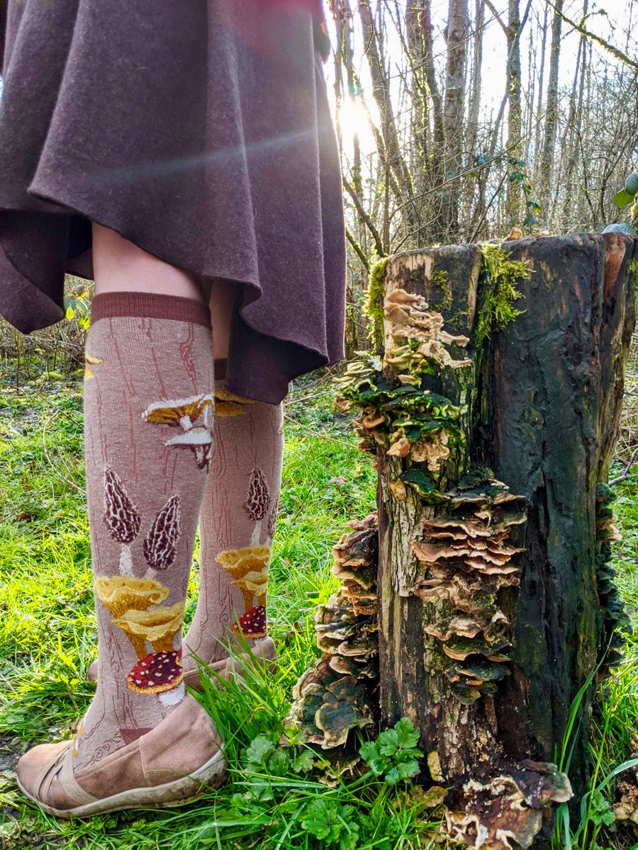 Brown mushroom knee socks beside a log covered in mushrooms