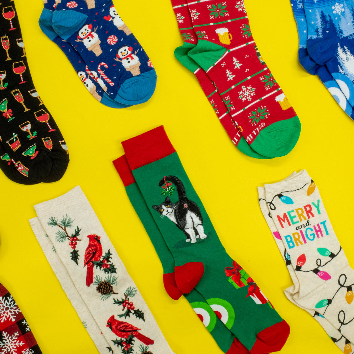 A mix of Christmas socks in different styles.