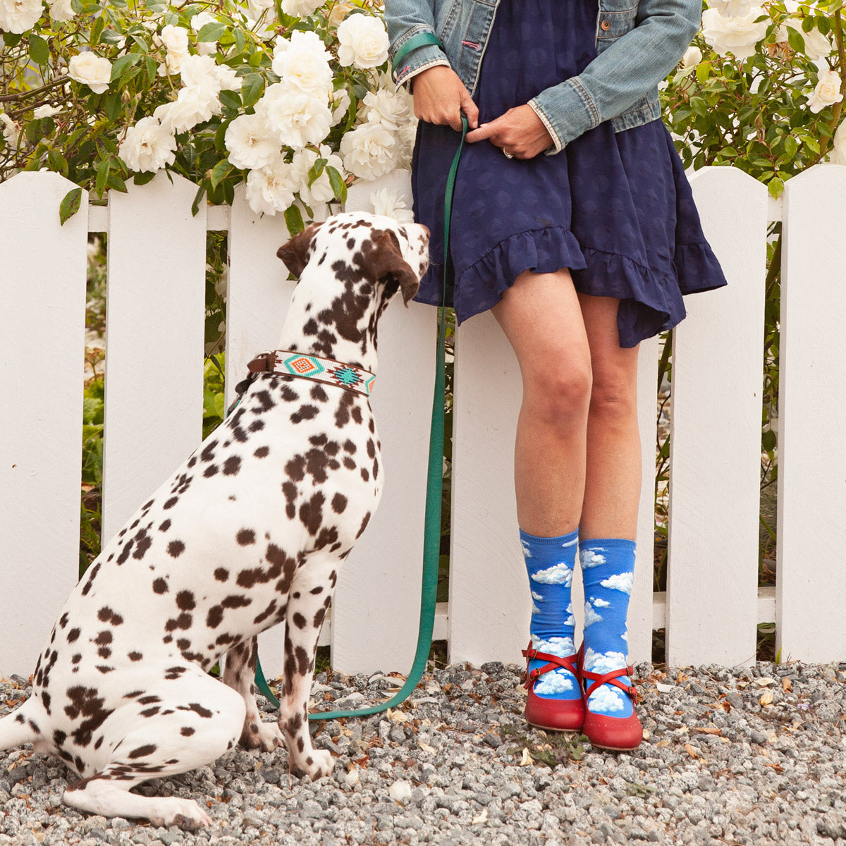 A woman wears crew socks with clouds and blue skies with red Mary Janes and a mini dress while she stands beside a white fence and a dalmatian dog