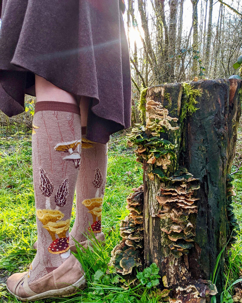 Mushroom socks pictured beside a forest log covered in fungus