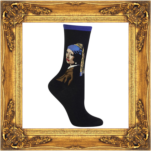 The Girl with a Pearl Earring painting by Dutch painter Johannes Vermeer is featured on a black crew sock.