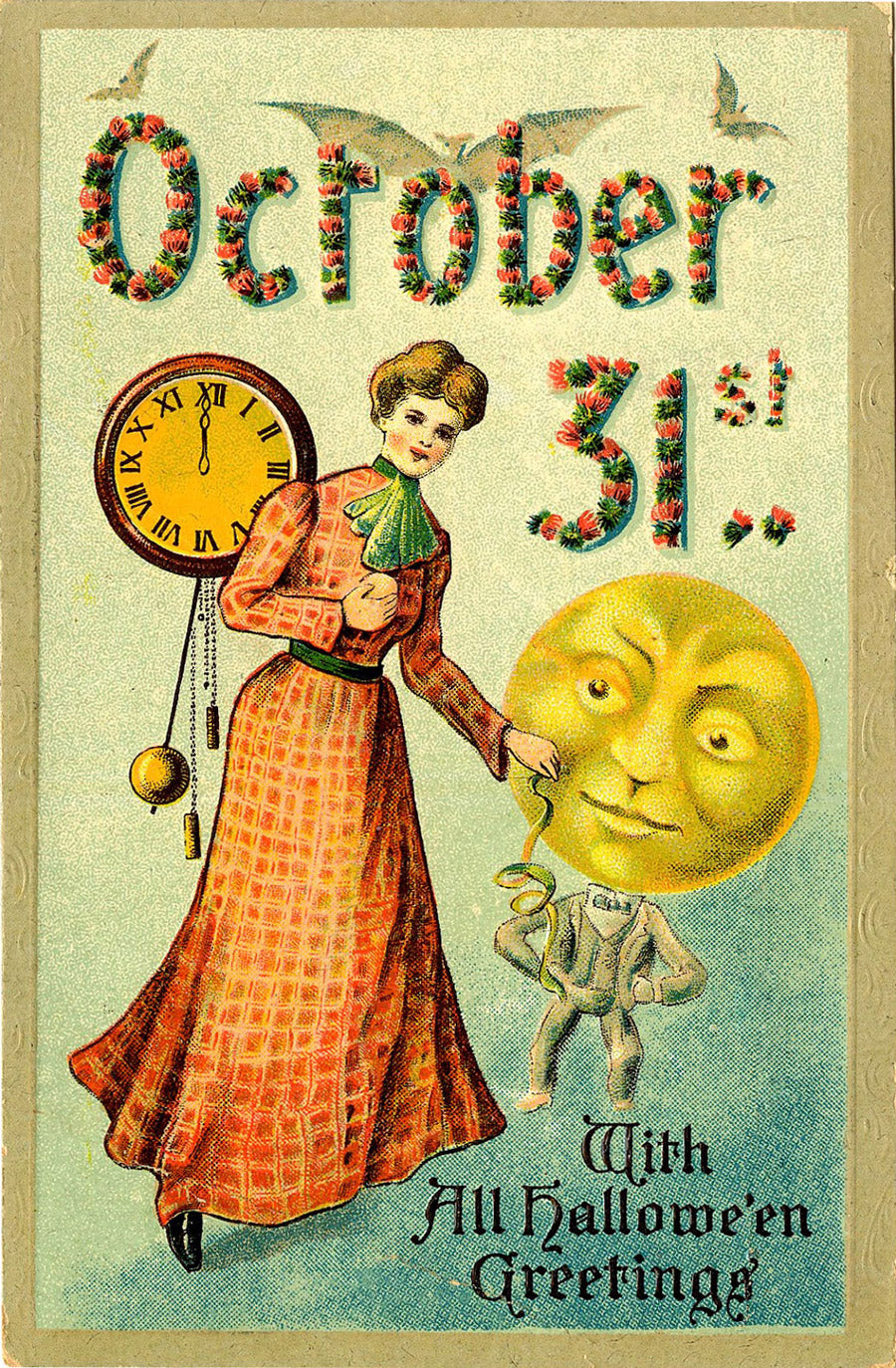 A Halloween postcard from the 1900s with a woman and a child in a moon costume with the words "October 31st, with all Hallowe'en greetings."