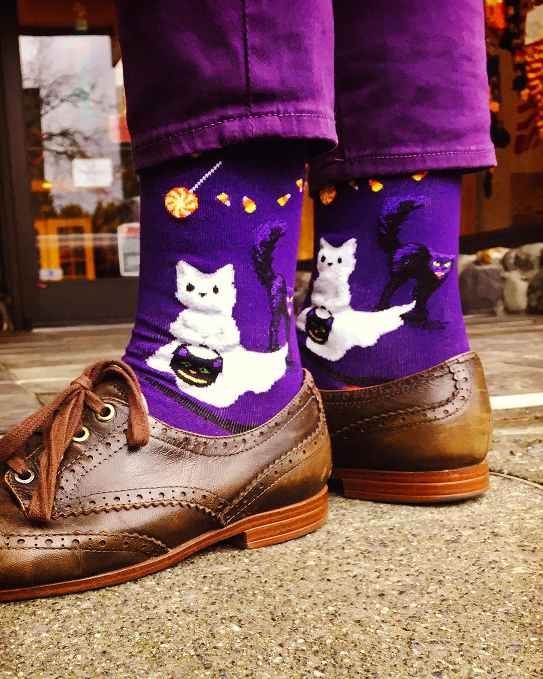 Cute cat Halloween socks show trick-or-treating cats dressed in ghost costumes