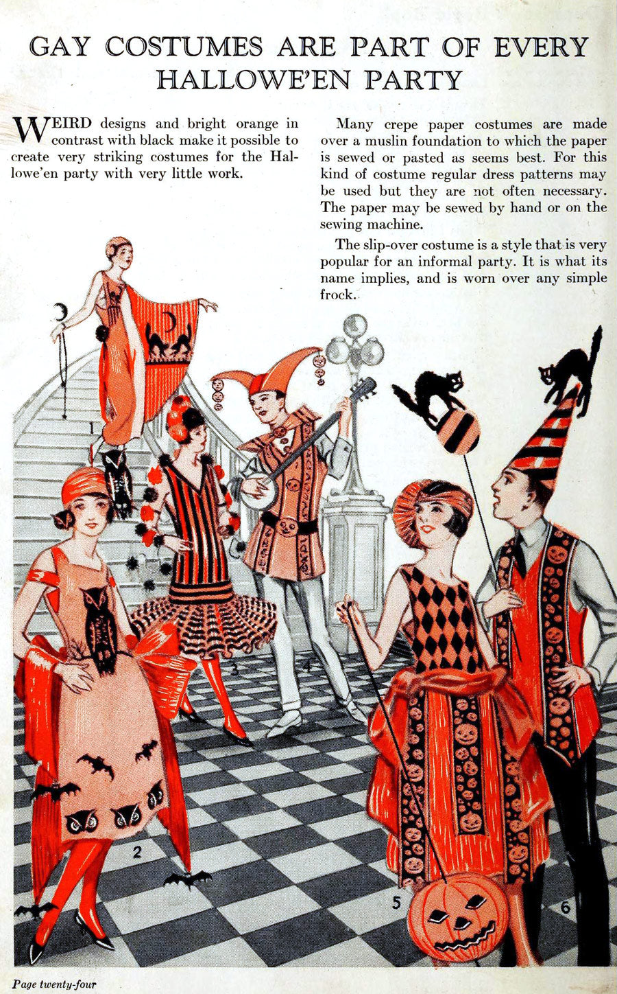 An illustration from "Dennison's Bogie Book" (1920) shows an array of "weird" black and orange Halloween costumes for adults with the headline "Gay Costumes Are Part of Every Hallowe'en Party."