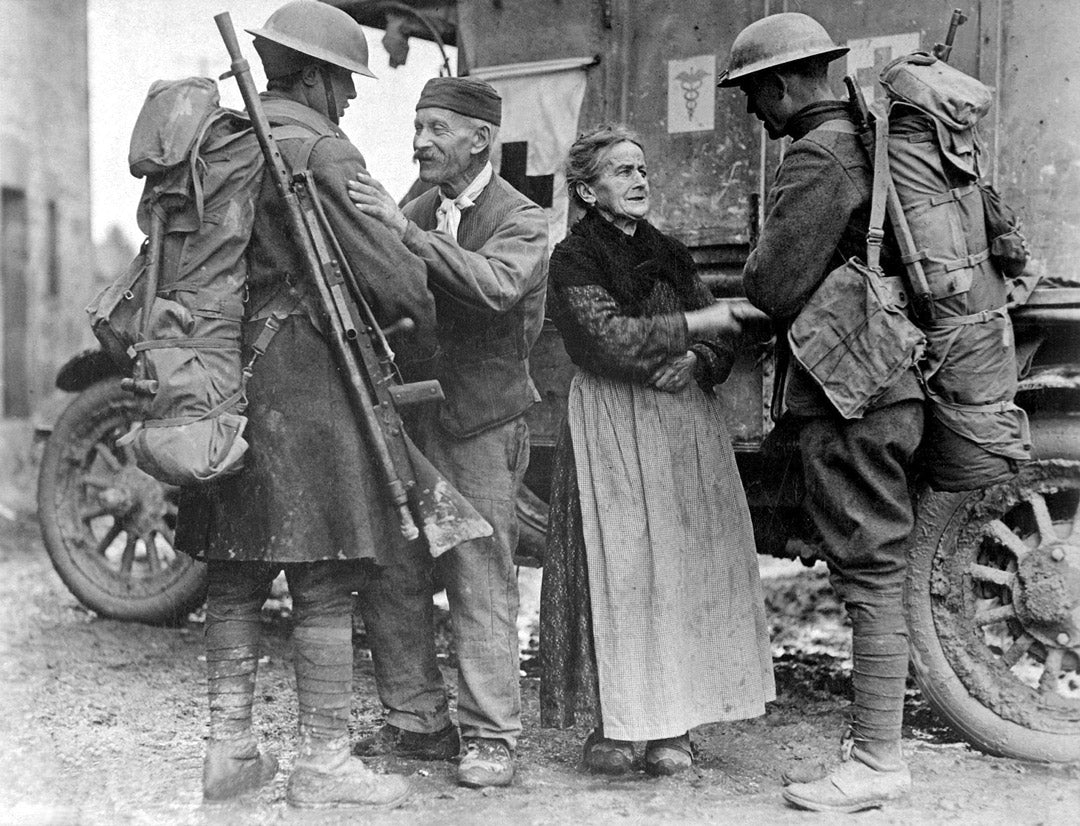 Puttee leg wraps are worn by U.S. infantry World War I soldiers in France, November 6, 1918