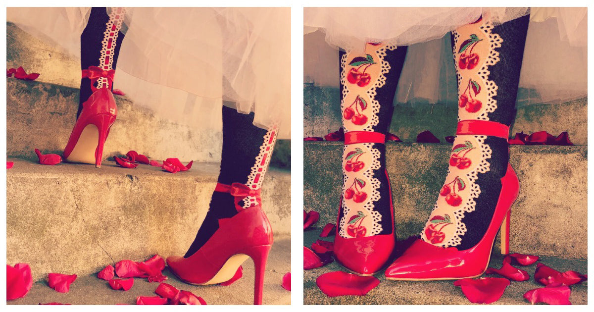 Cherry socks with faux lace and ribbons worn with red heels