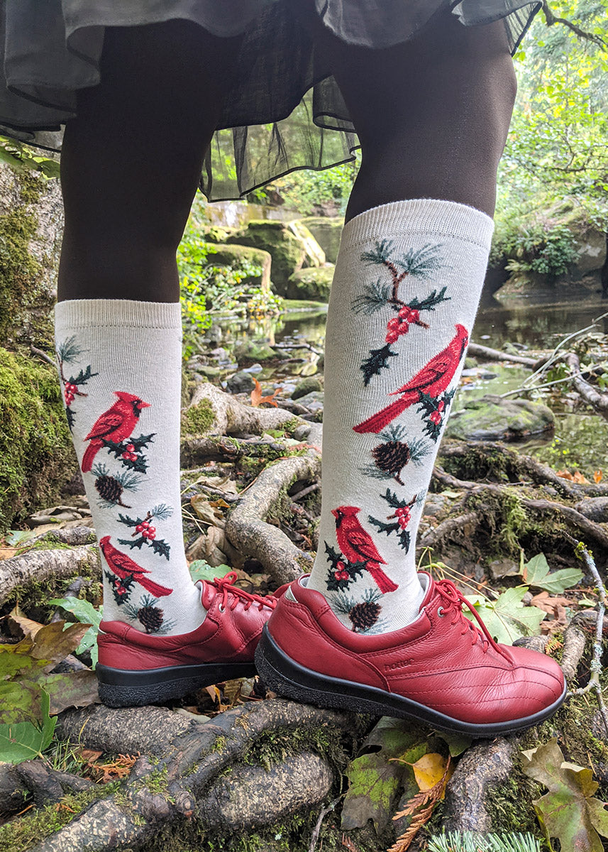 A person stands outdoors in knee socks with birds