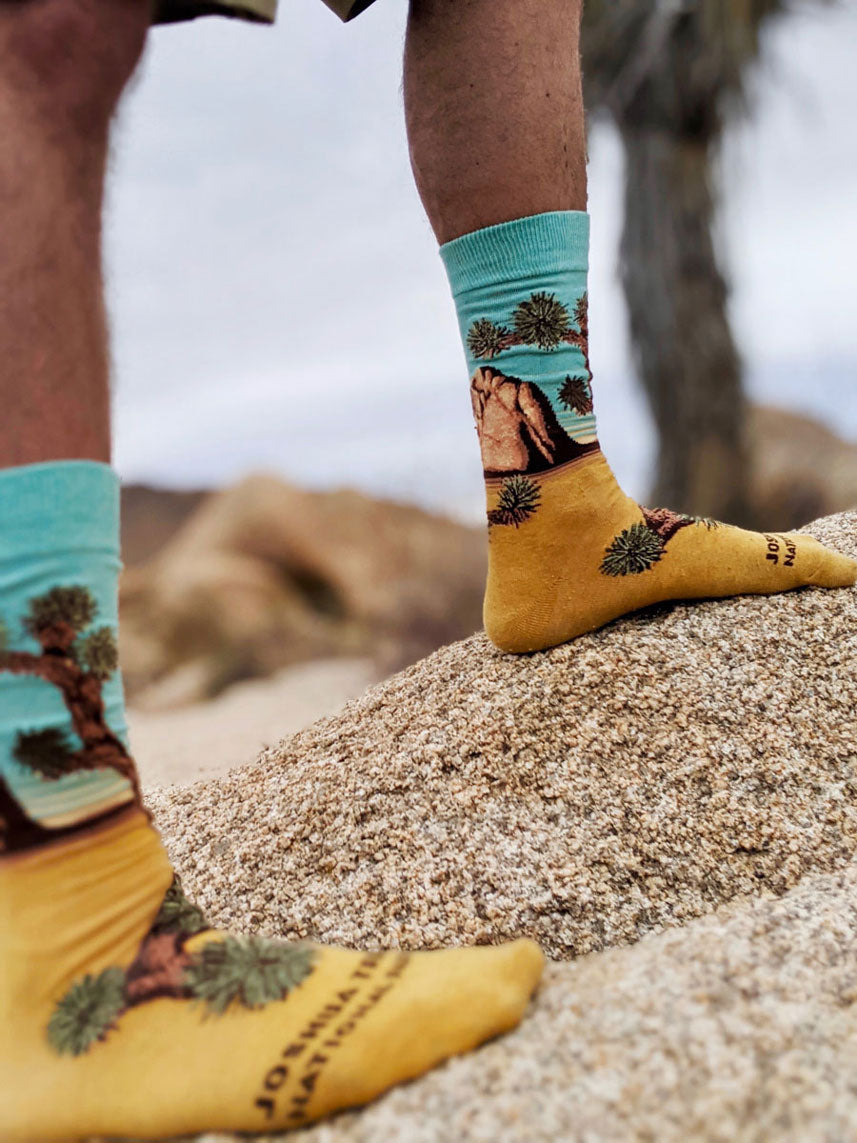 A man standing in the desert wears Joshua Tree National Park Socks without shoes