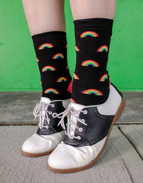 Cute socks with rainbows worn with classic saddle shoes AKA saddle oxfords