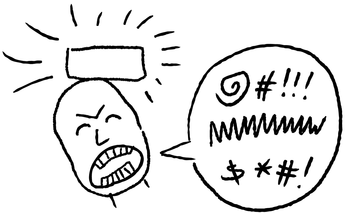 Cartoon image of a brick falling on a person's head and them cursing