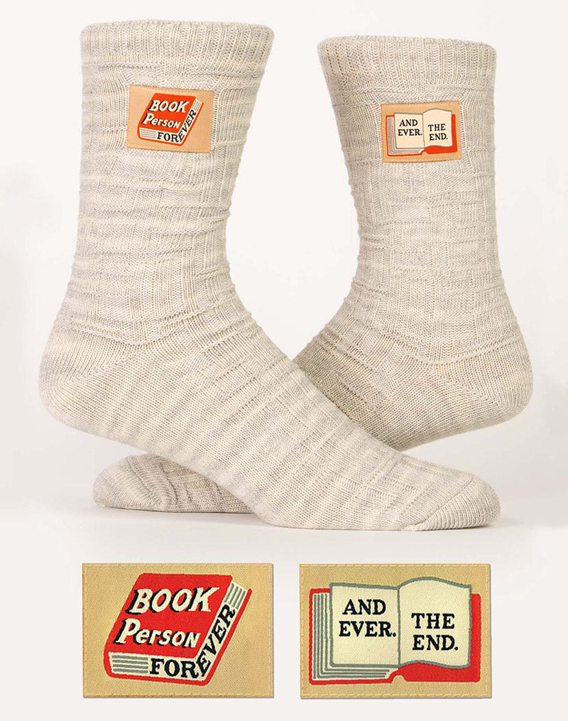 Tag socks that say "Book Person Forever And ever. The end" on tags stitched into either side