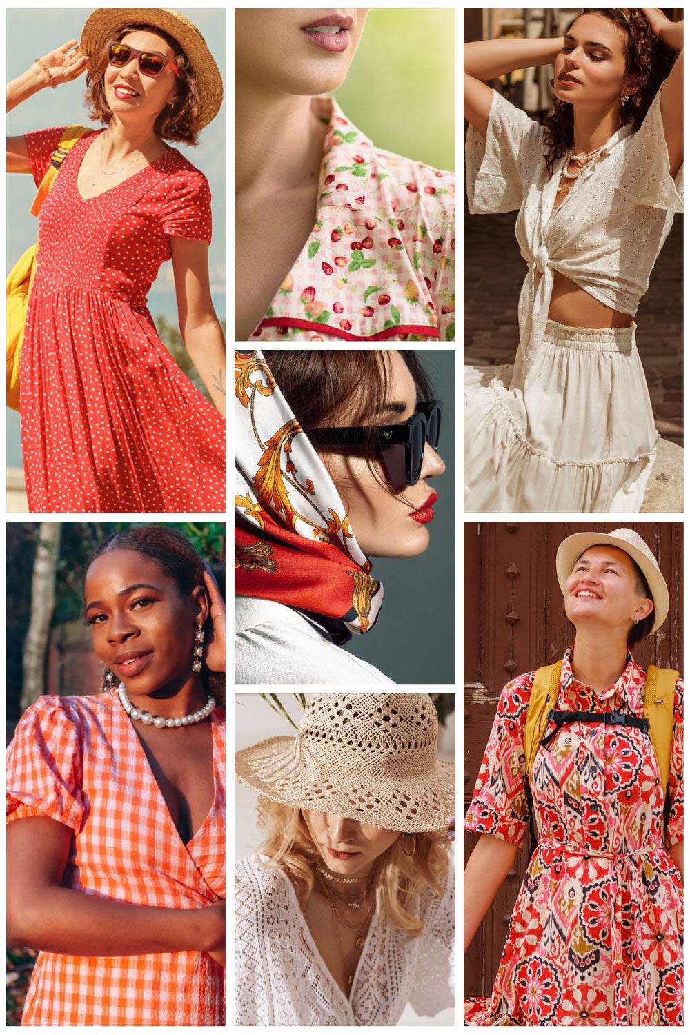 Collage of images of women wearing red and white dresses and shirts in the tomato girl style