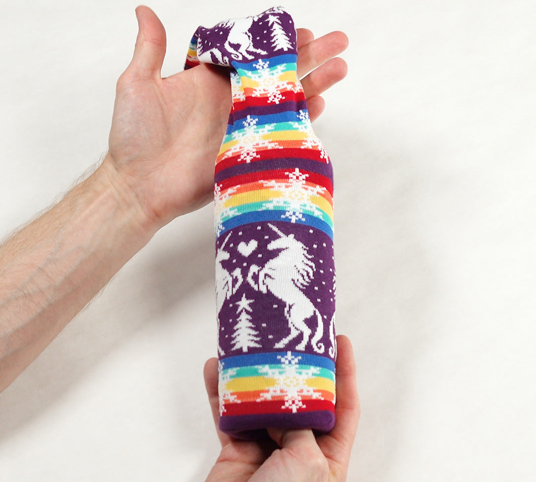 Wrap a wine bottle with socks! Step 7: Adjust or scrunch the sock around the bottle.