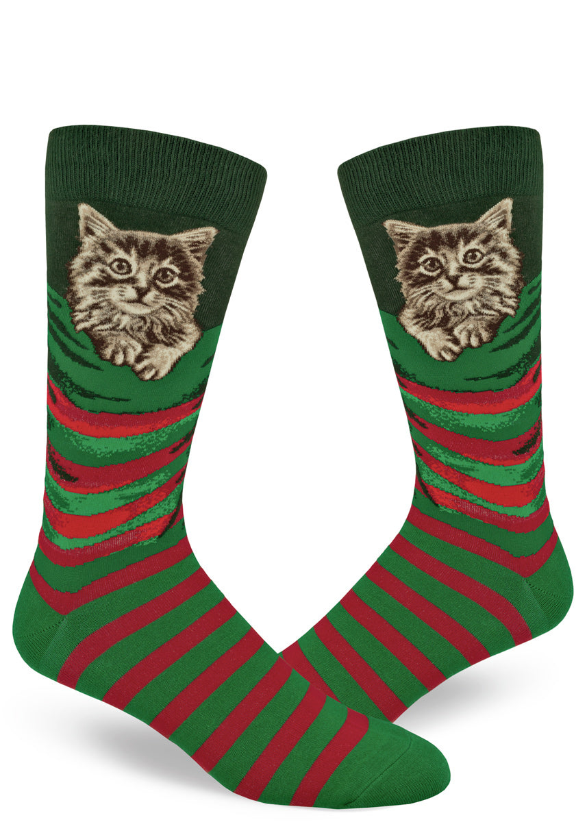 Christmas Cat Socks  Kitten in a Stocking Fun Men's Socks - Cute But Crazy Socks