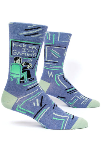 Funny video game socks for men that say "Fuck Off I'm Gaming"