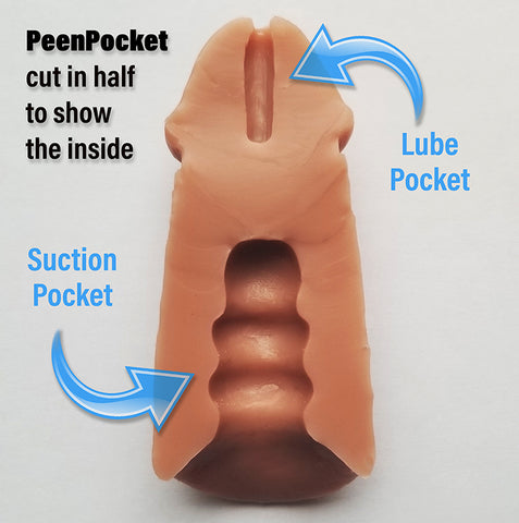 The PeenPocket Pleasure Sleeve cut in half to show the inside